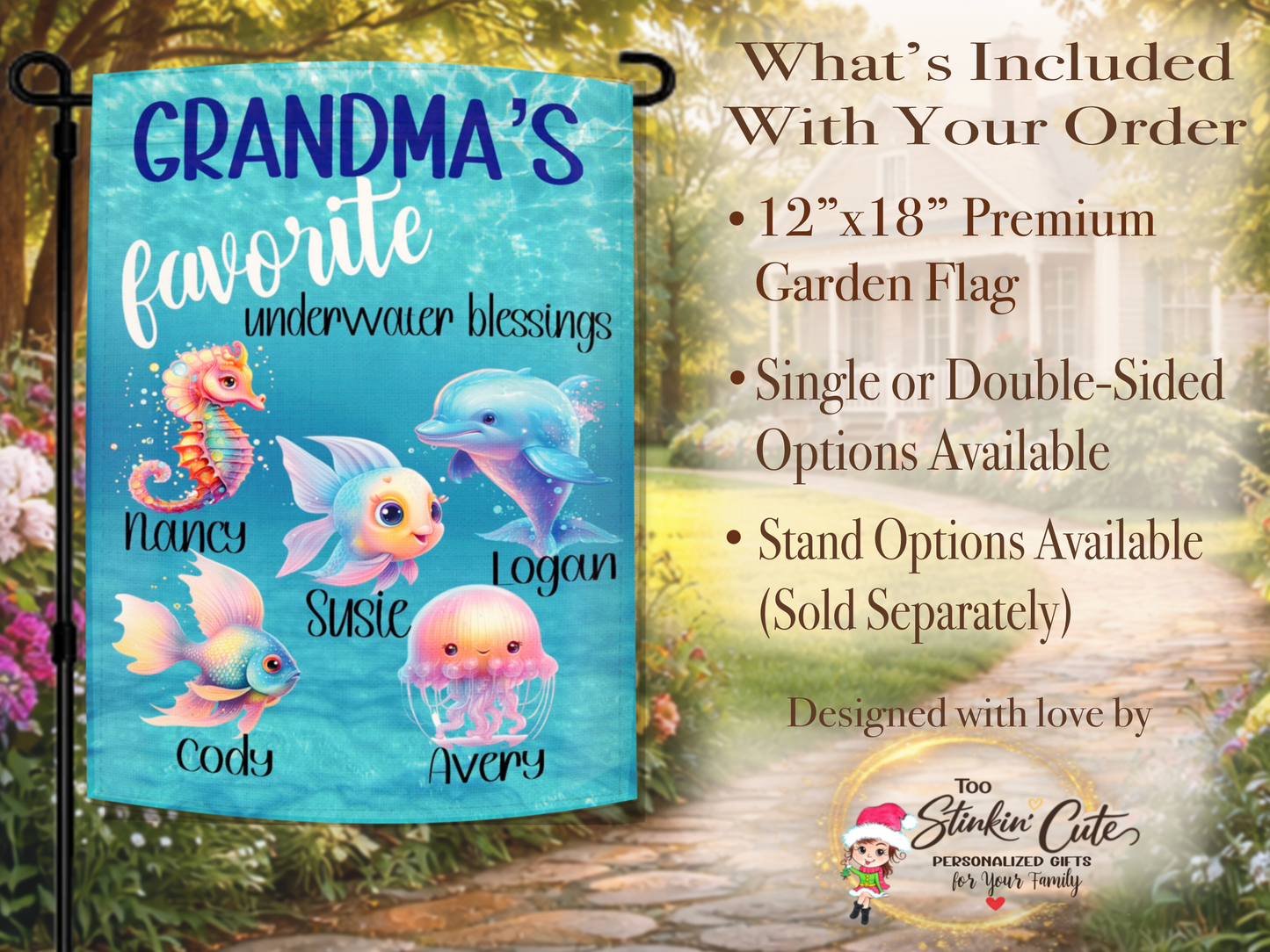 Personalized underwater family yard flag with colorful sea animals