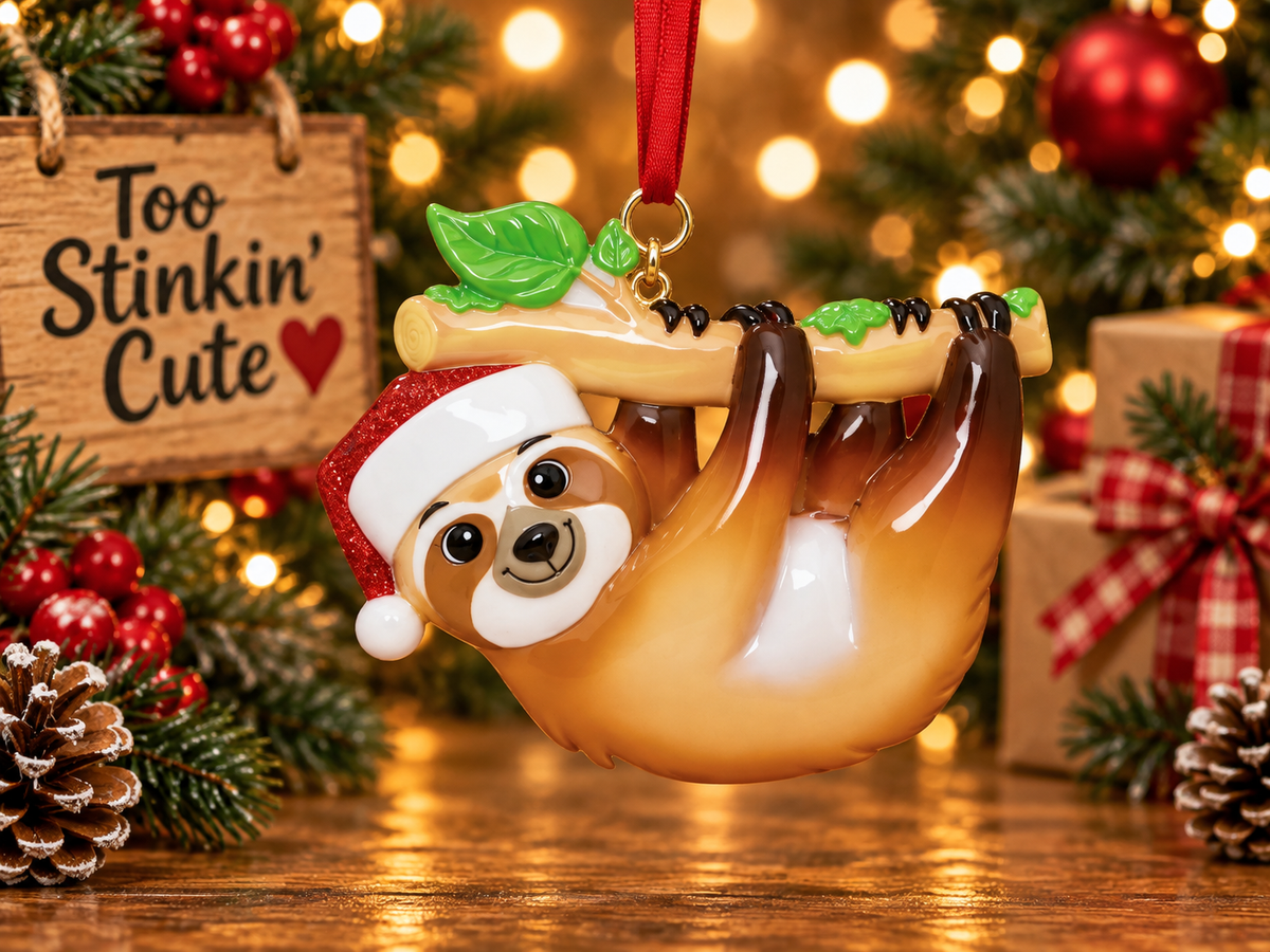 Personalized sloth Christmas ornament wearing a red Santa hat and hanging from a log