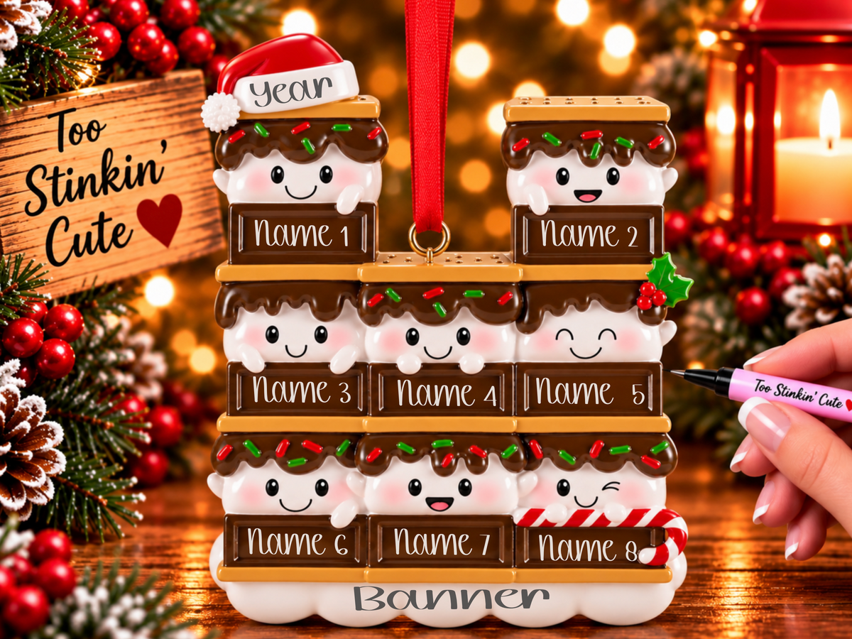 Eight smiling marshmallows stacked between brown chocolate bars and golden graham crackers.