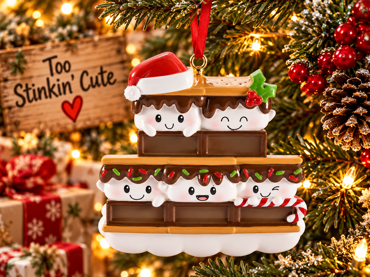 S’mores family ornament hanging from a red ribbon beside a wooden Too Stinkin’ Cute sign and warm Christmas lights.