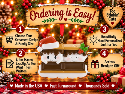 S’mores couple ornament with a red and white Santa hat on the left and holly with red berries on the right.