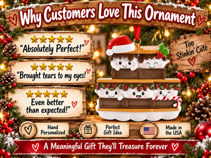Family of five s’mores ornament with blank chocolate sections and a white marshmallow base for personalization.