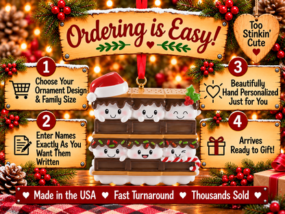 Top row of marshmallows with a red Santa hat on the left and green holly with red berries on the right.