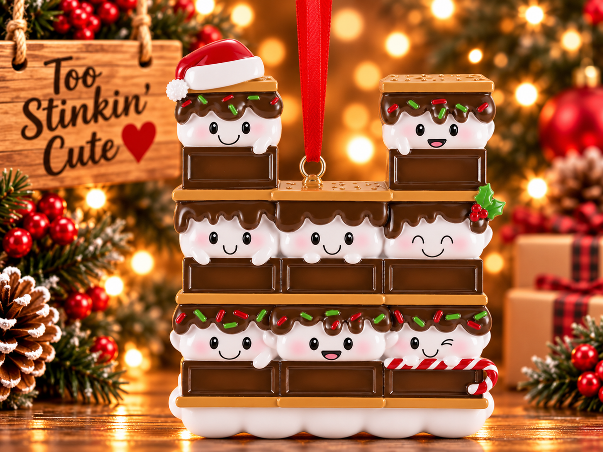 S’mores family of eight Christmas ornament with two marshmallow characters on top, three in the middle, and three on the bottom.
