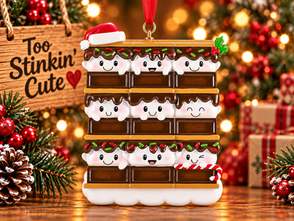 S’mores family of nine ornament hanging from a red ribbon beside a wooden Too Stinkin’ Cute sign.