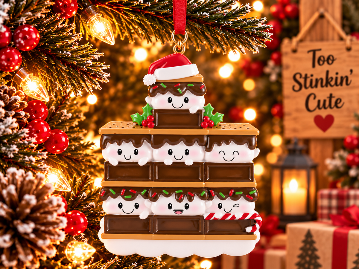S’mores family of seven ornament hanging from a red ribbon beside a wooden Too Stinkin’ Cute sign and warm Christmas lights.