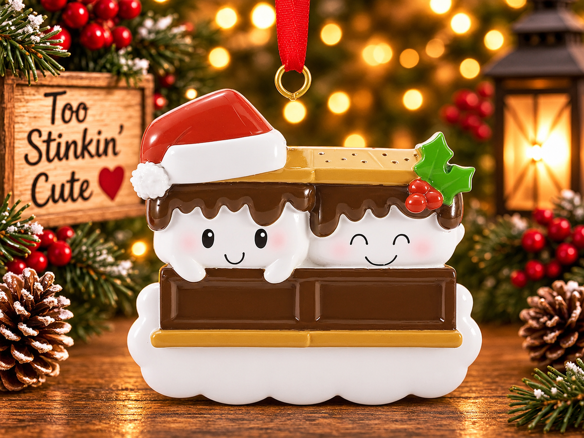 S’mores couple ornament hanging from a red ribbon on a Christmas tree beside a wooden Too Stinkin’ Cute sign.