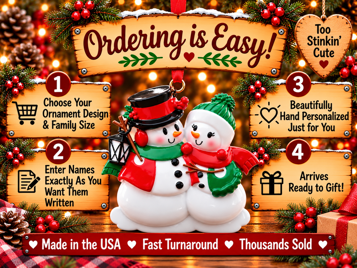 Right snowman wearing a green pom-pom hat, a red scarf, and green winter clothing.