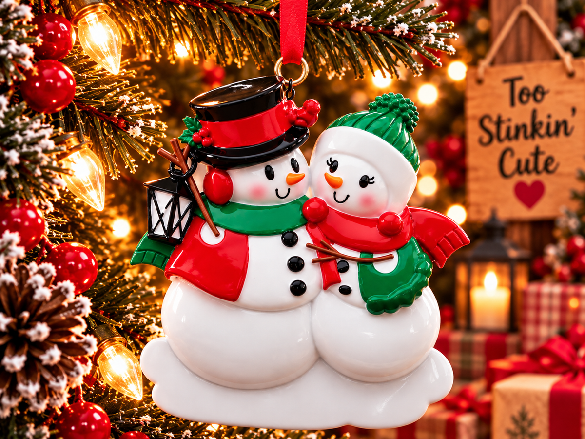Snowman family of two ornament hanging from a red ribbon beside a wooden Too Stinkin’ Cute sign and warm Christmas lights.