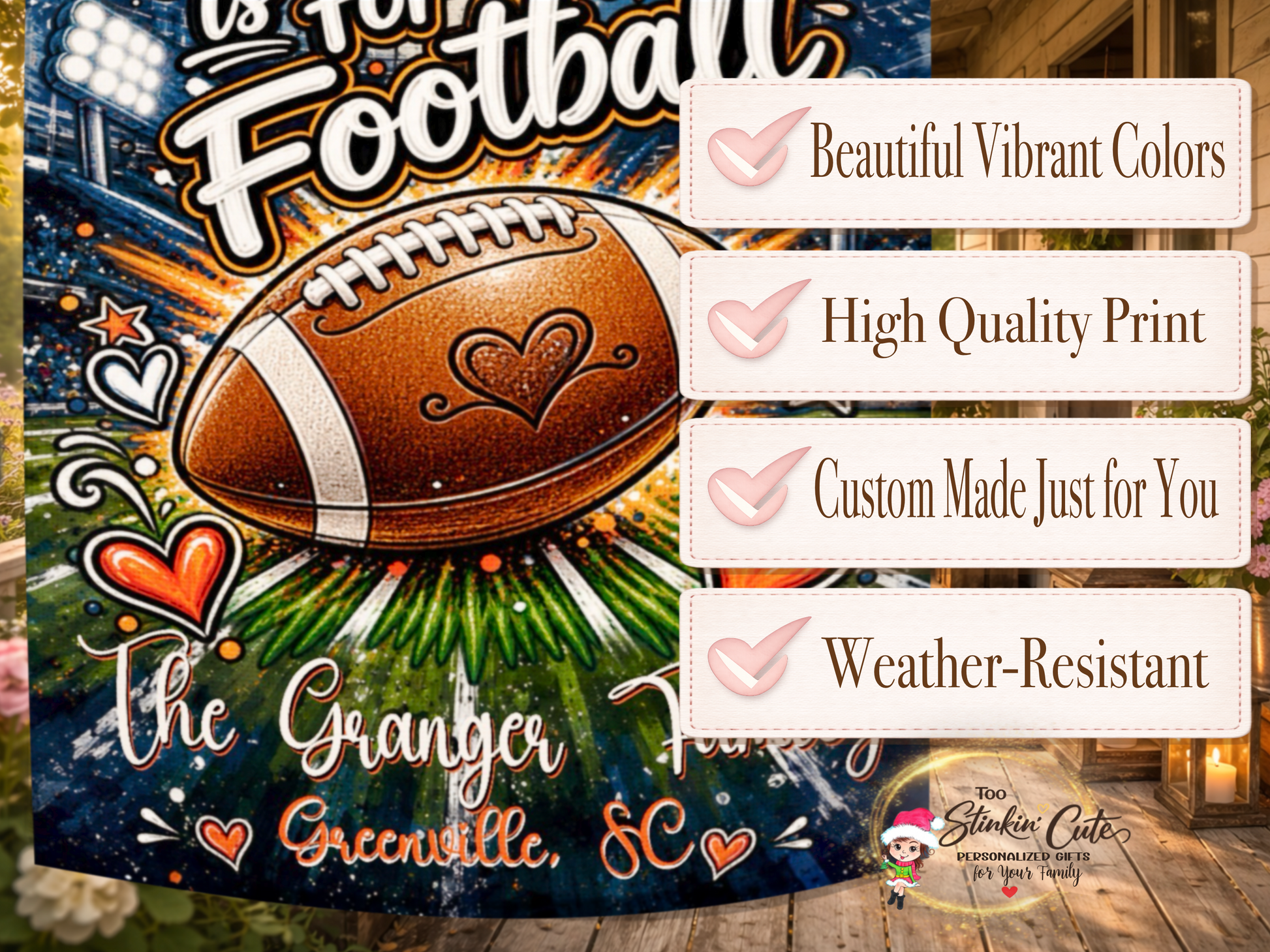 Custom football family yard flag featuring stadium lights and colorful hearts