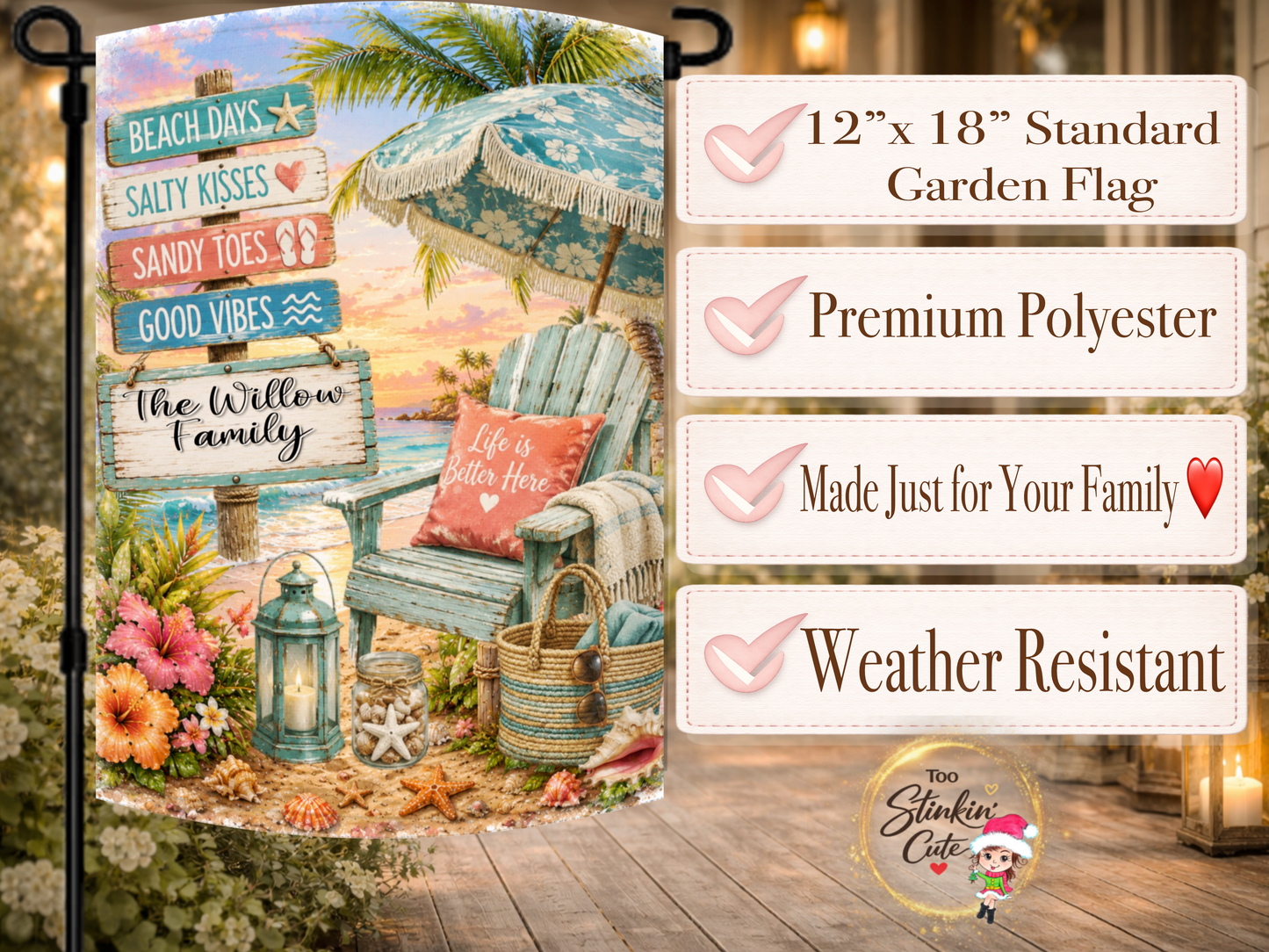Coastal outdoor garden flag with beach sign décor.