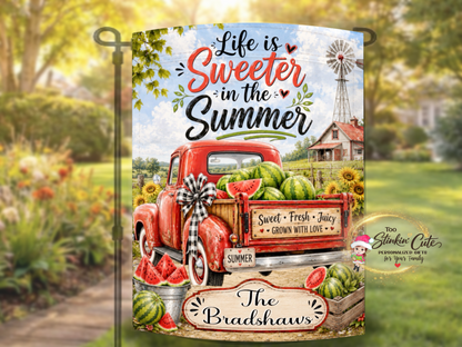 Personalized country summer garden flag with vintage truck and windmill