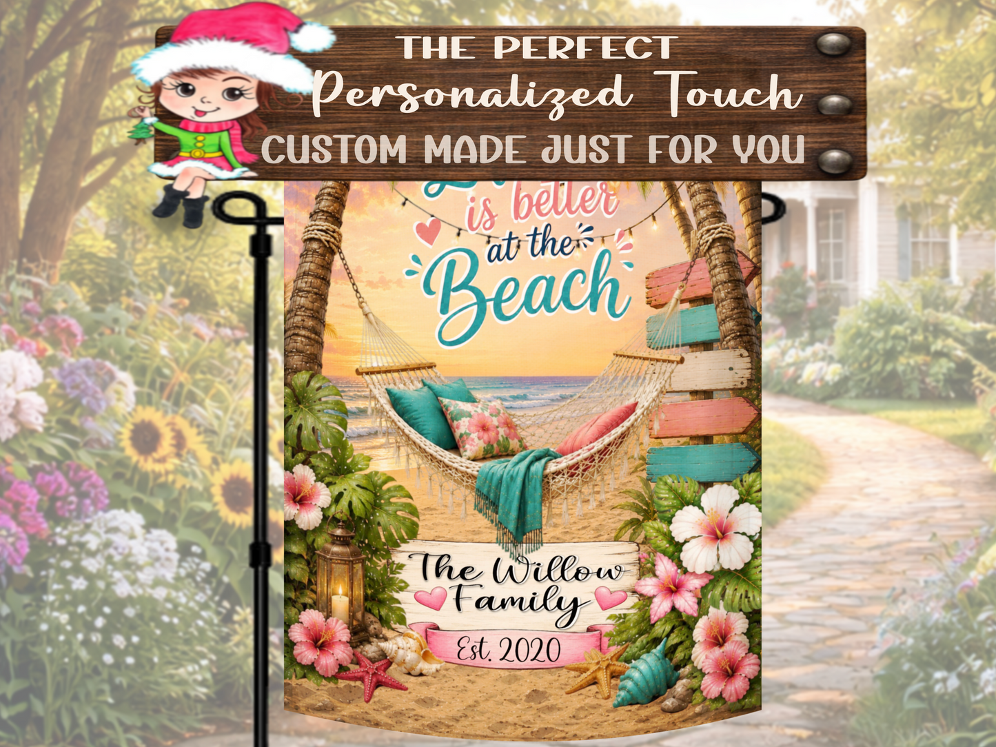 Coastal outdoor flag with beach sunset and hammock.