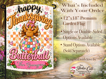 Bright personalized turkey garden flag with pink, teal, orange, and yellow details for fun Thanksgiving porch, walkway, patio, or yard décor.