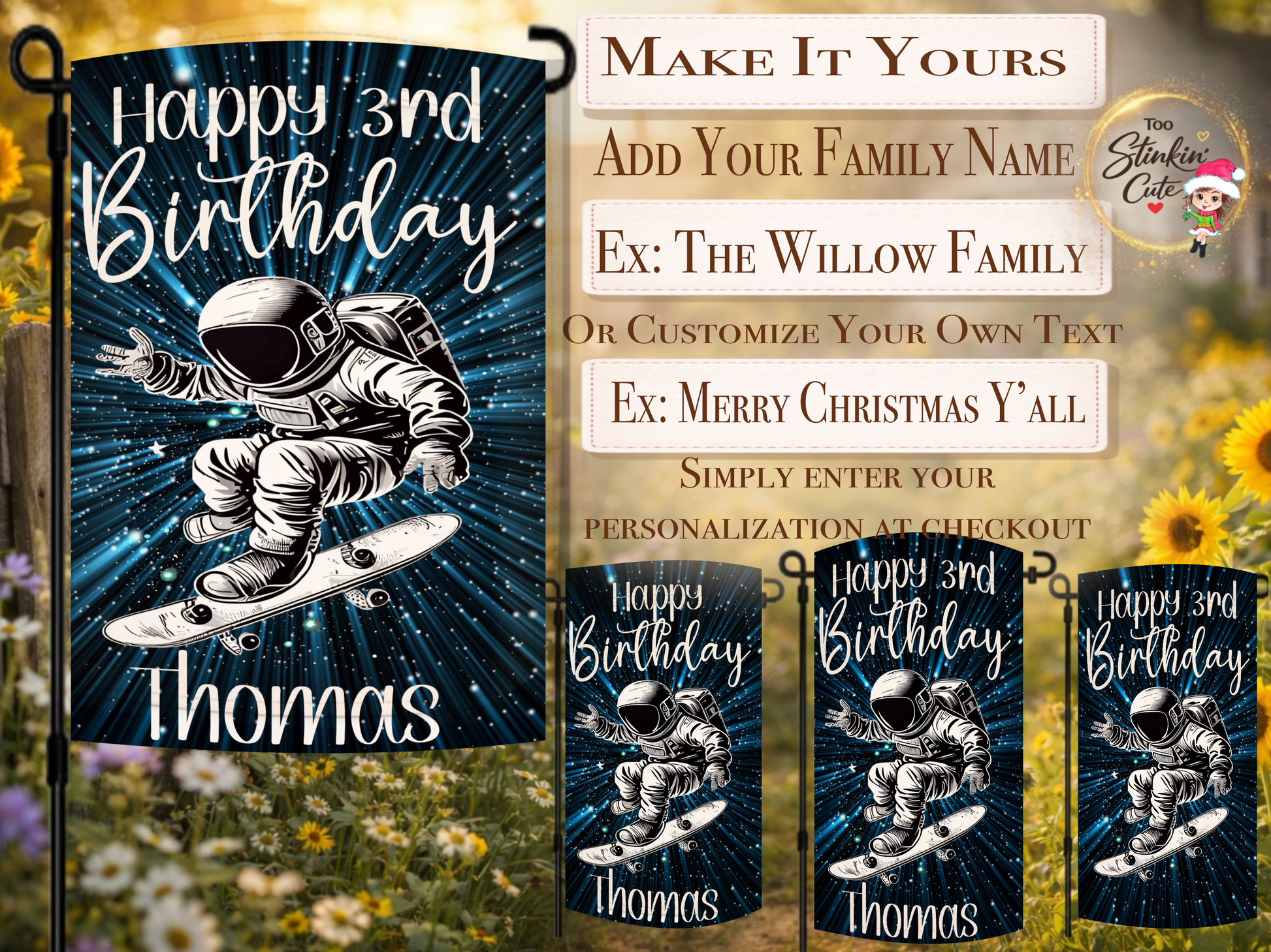 Custom outer space birthday yard flag with astronaut design for kids birthday celebration