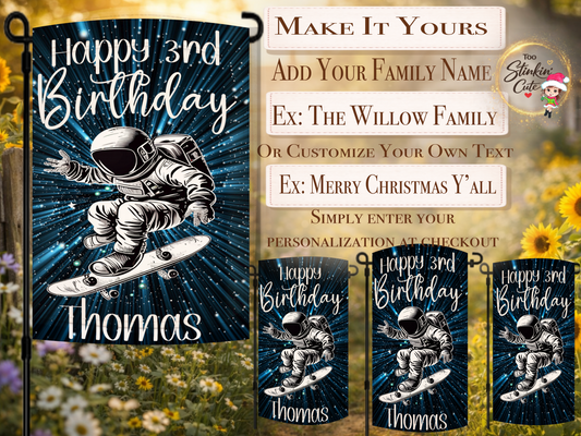Custom outer space birthday yard flag with astronaut design for kids birthday celebration