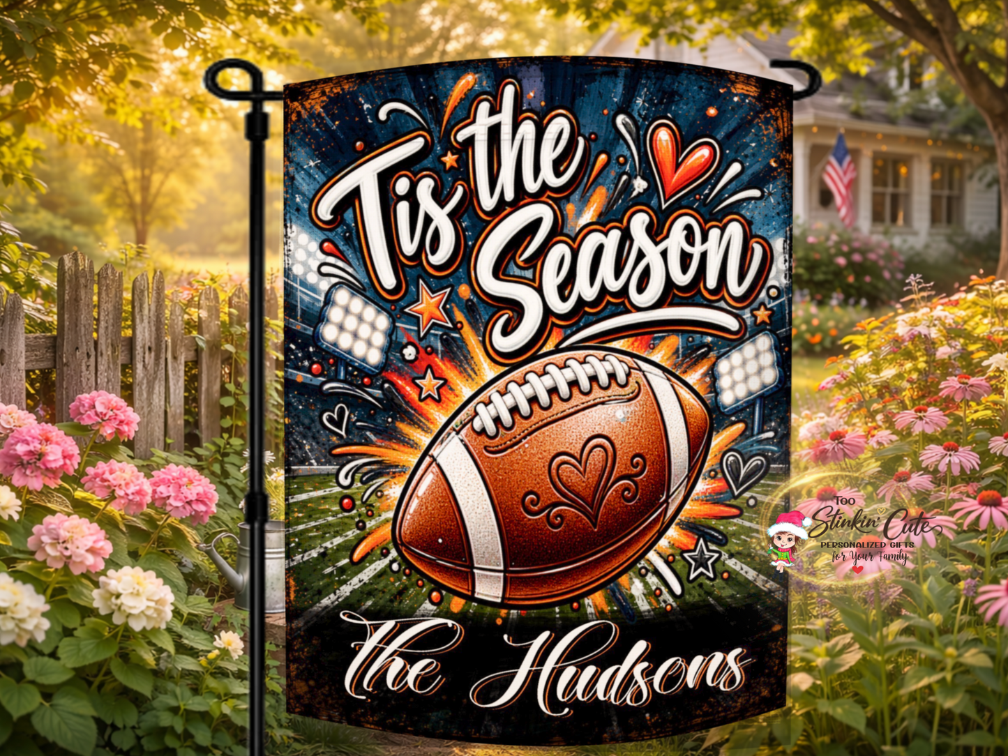 Personalized ’Tis the Season football garden flag featuring the Hudsons family name