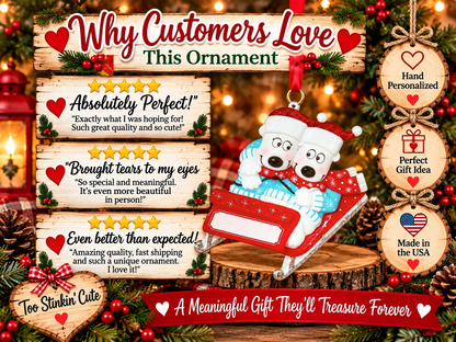 Personalized family of 2 Christmas keepsake with two bears and a solid-red ribbon.