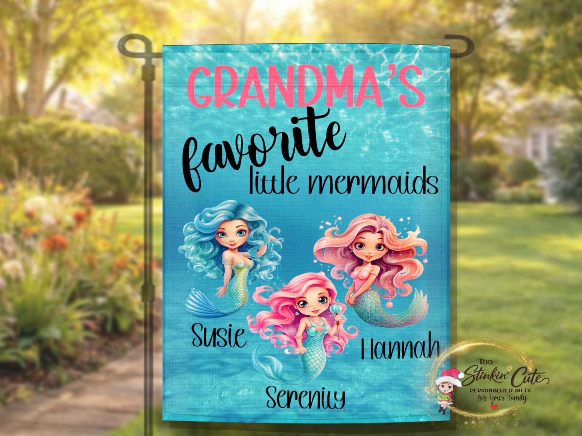 Ocean inspired garden flag for Grandma with mermaid grandkids