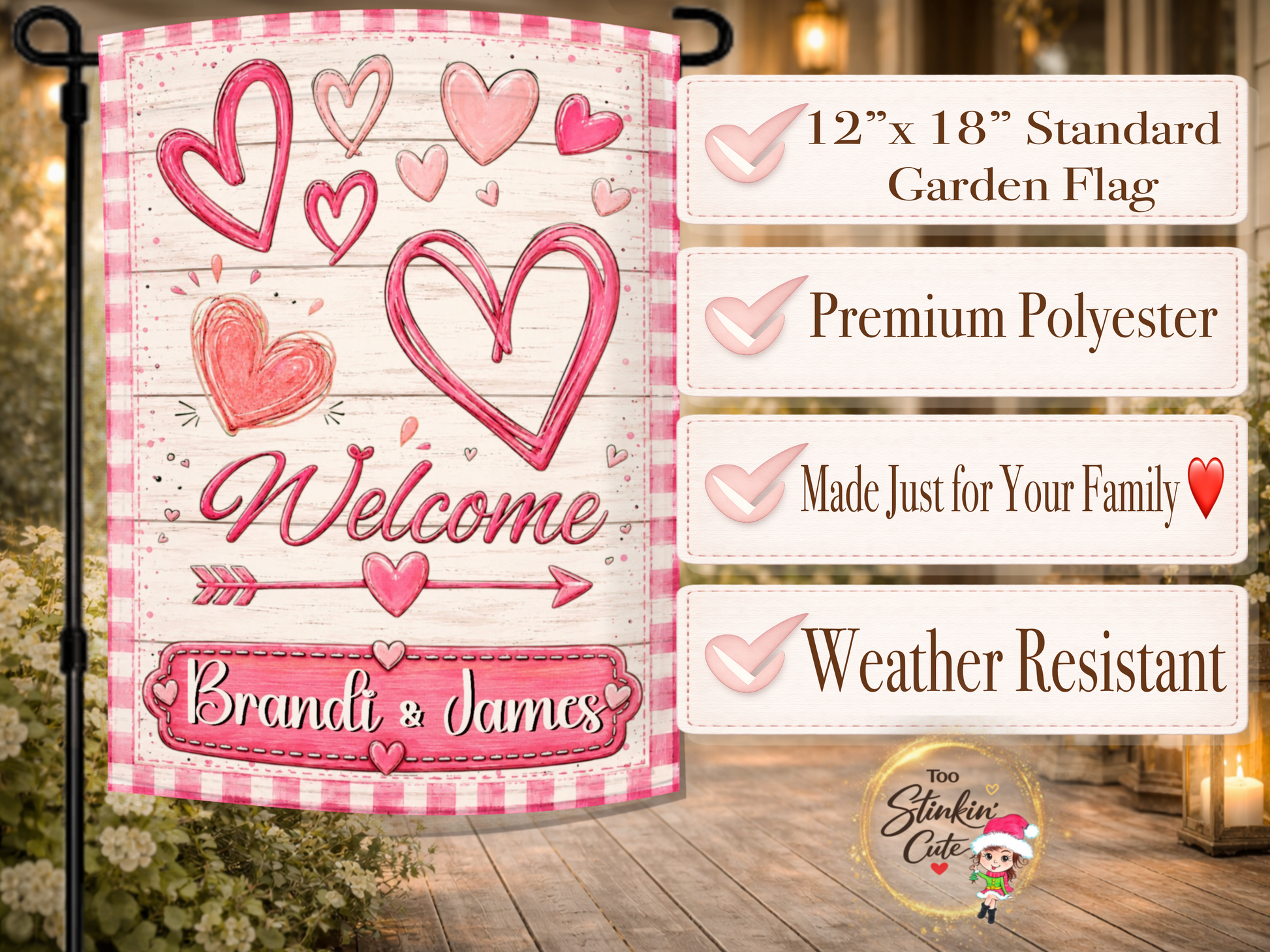 Personalized heart welcome flag with a pink gingham border and arrow