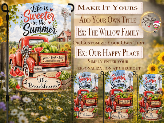 Custom farmhouse summer garden flag with family name and watermelon truck