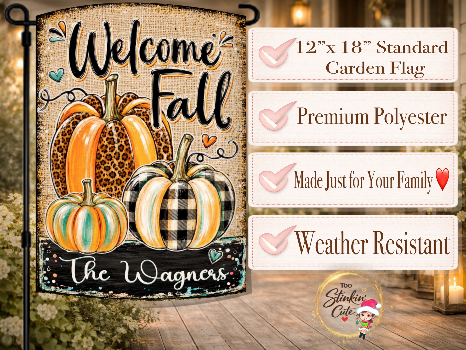 Welcome Fall outdoor yard flag customized with a family name for seasonal porch and garden decorating.