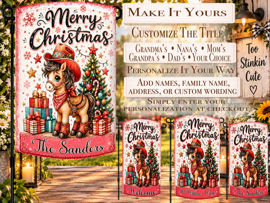 Custom family-name horse Christmas flag with Merry Christmas lettering, colorful stars, snowflakes, and a decorated holiday tree.
