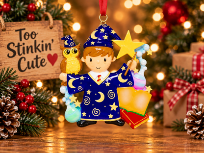Colorful resin wizard ornament customized with a name and optional year.