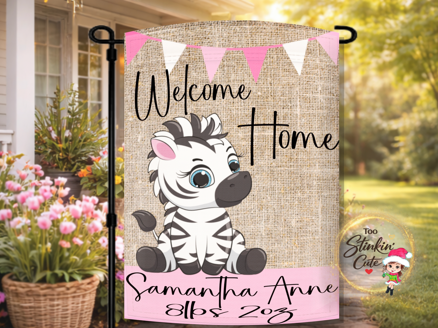 Personalized zebra baby garden flag with custom baby name and birth stats