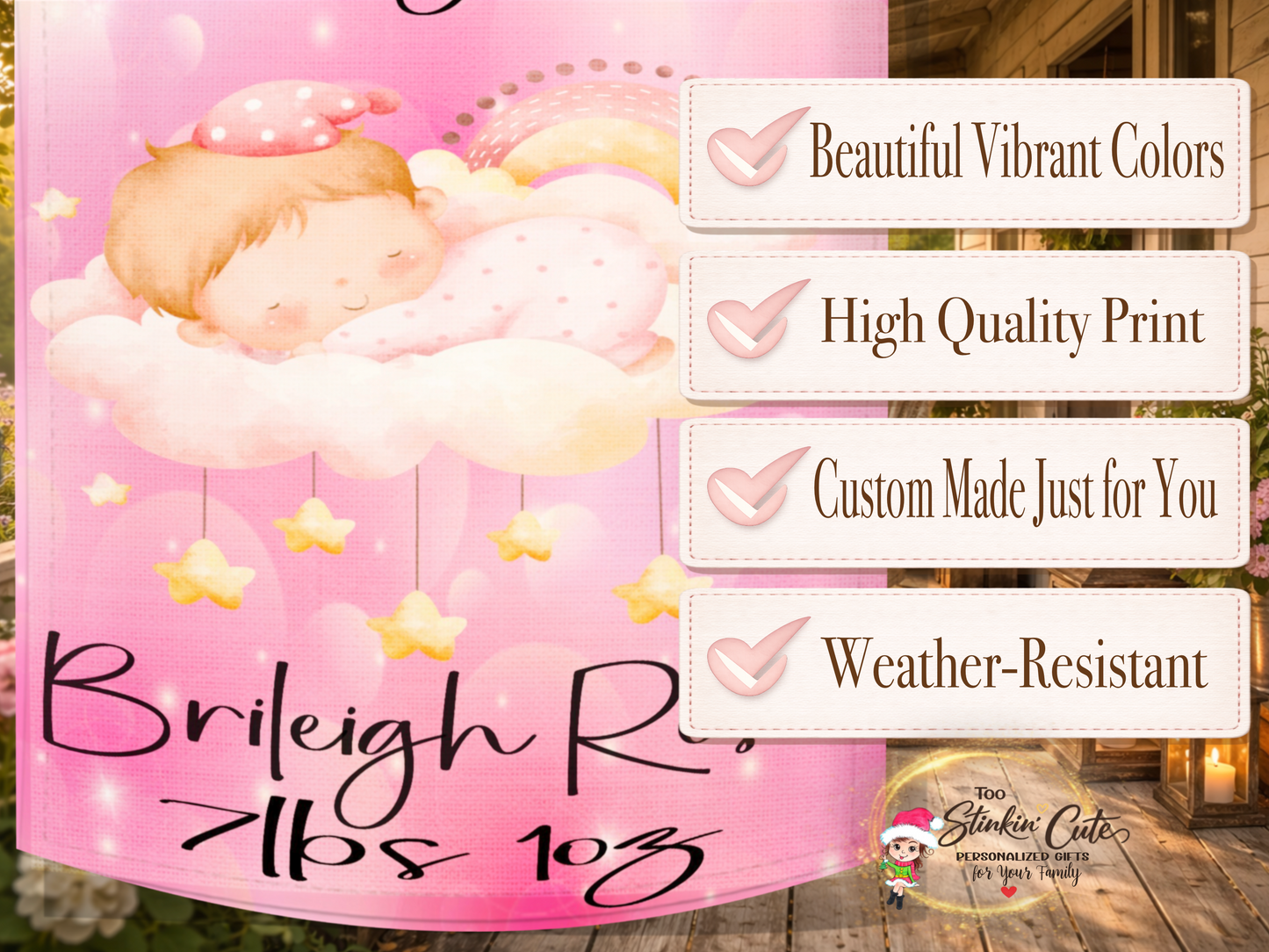 Custom newborn keepsake garden flag featuring pastel rainbow and clouds