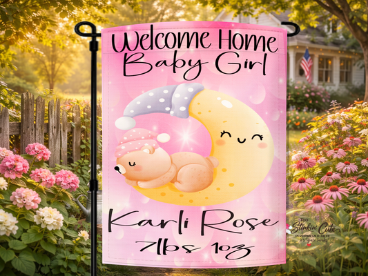 Personalized welcome home baby girl garden flag with sleeping teddy bear on moon