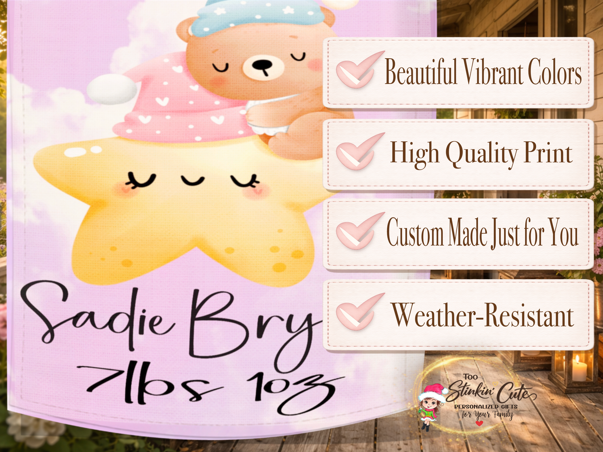 Cute newborn baby girl keepsake garden flag with custom personalization