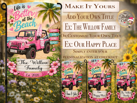 Custom coastal family garden flag with pink beach vehicle.