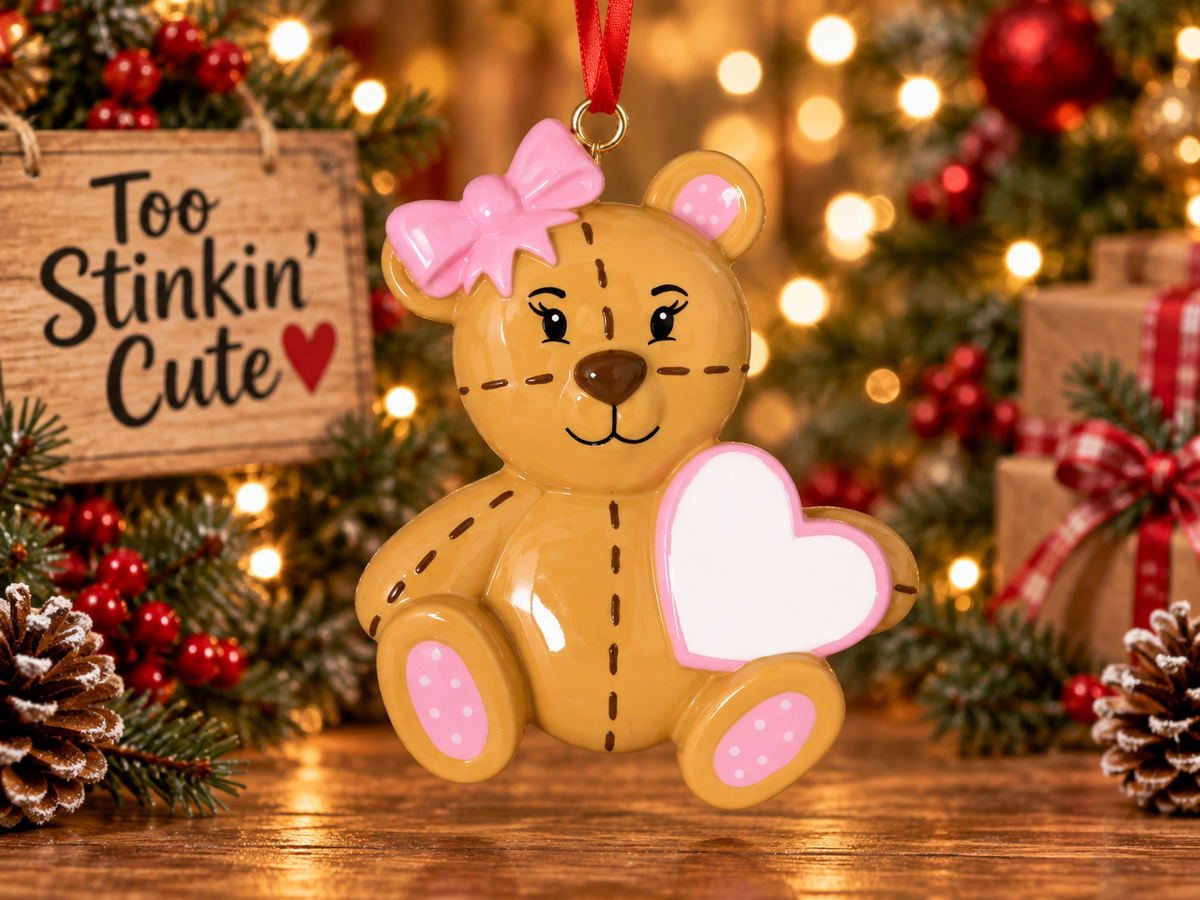 Custom girls holiday ornament with a brown bear and pink details