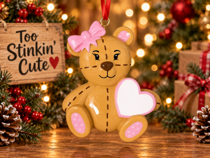 Custom girls holiday ornament with a brown bear and pink details