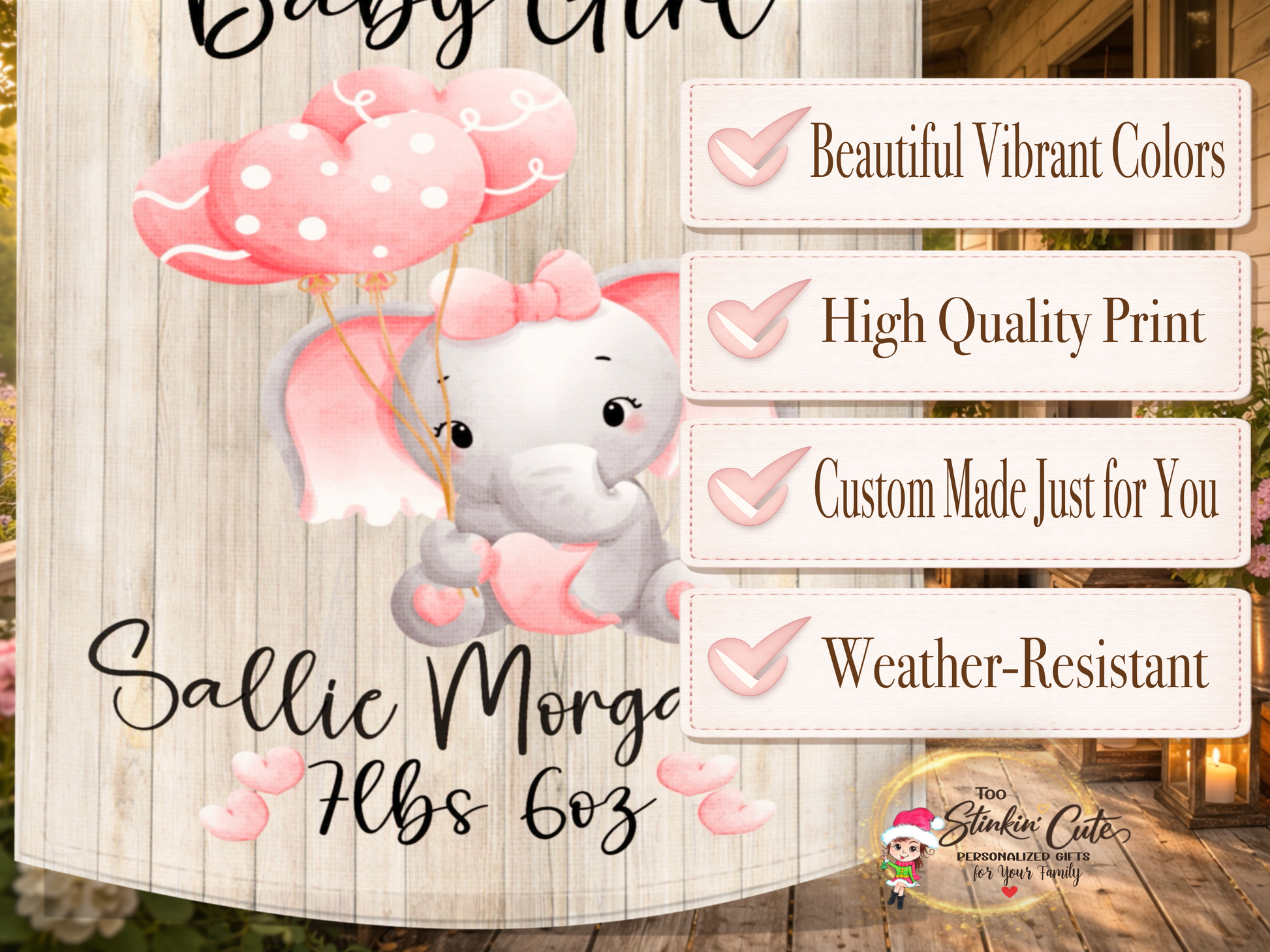 Personalized newborn keepsake garden flag with pink balloon elephant theme