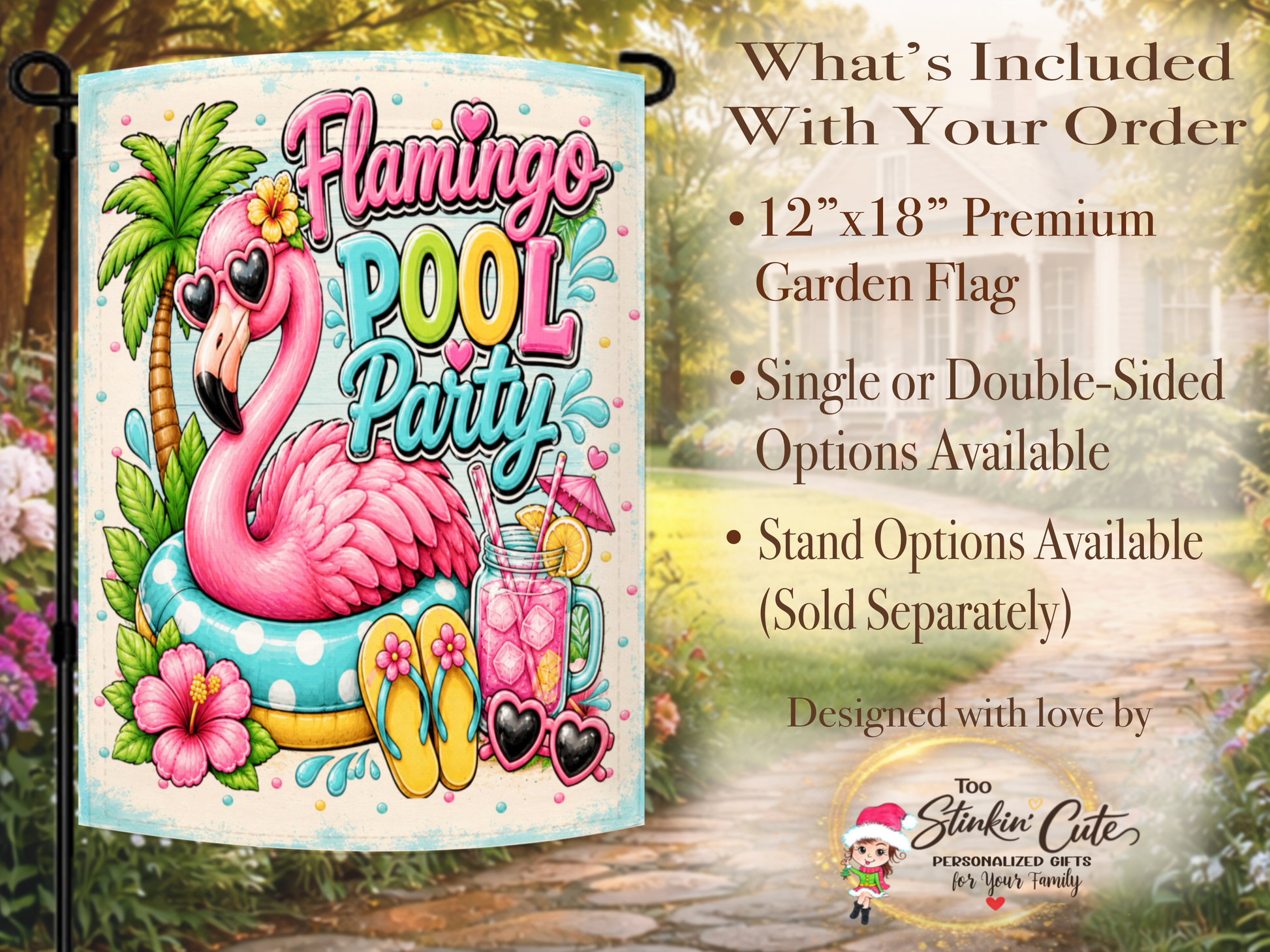 Pink flamingo poolside garden flag with tropical décor.