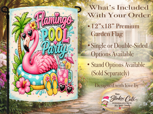 Pink flamingo poolside garden flag with tropical décor.