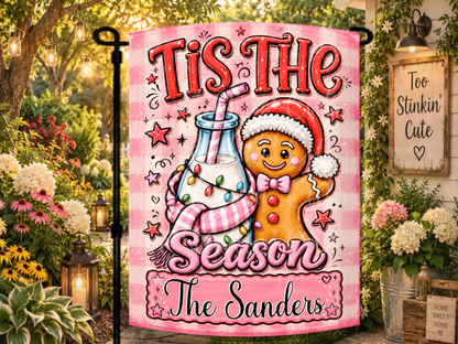 Whimsical personalized Christmas flag for pink holiday décor, gingerbread gifts, family presents, housewarmings, porches, gardens, and yards.