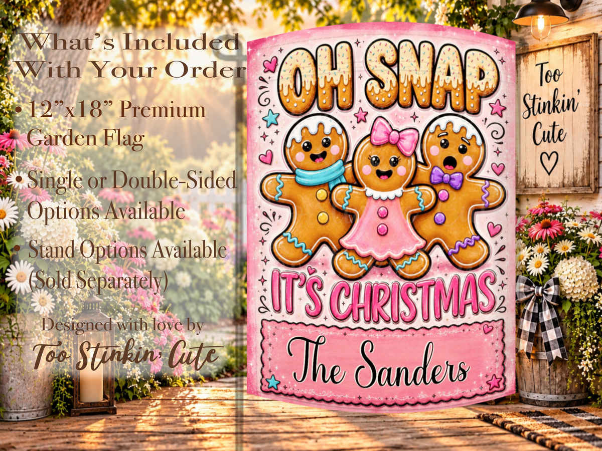 Personalized pink Christmas yard flag featuring three whimsical gingerbread characters and a custom surname, address, Welcome message, or city and state.