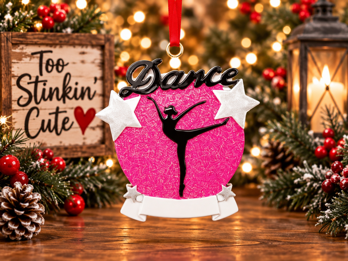 Dance-studio holiday gift with sparkling pink details and red hanging ribbon