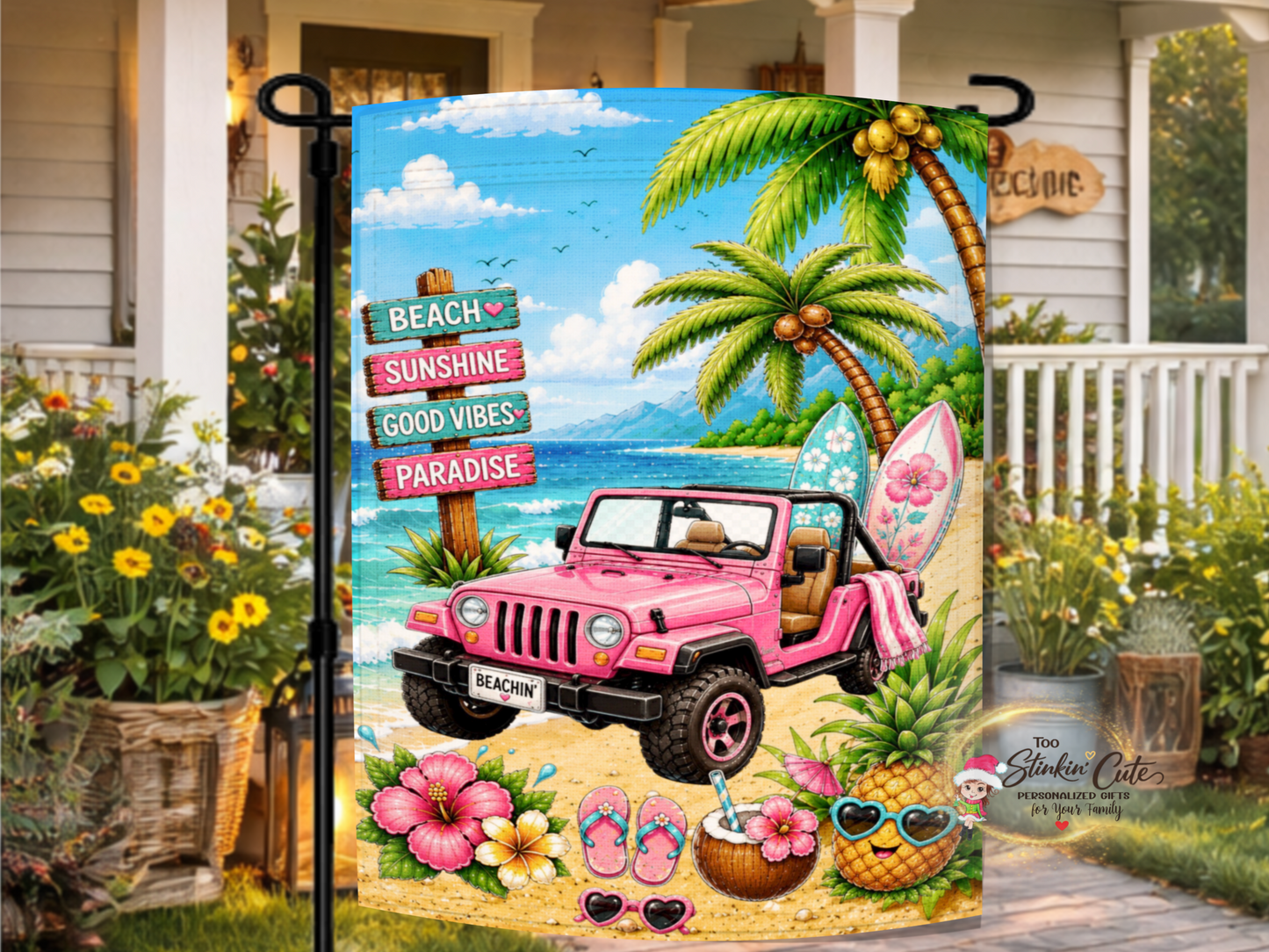 Pink Jeep beach garden flag with tropical summer scenery.