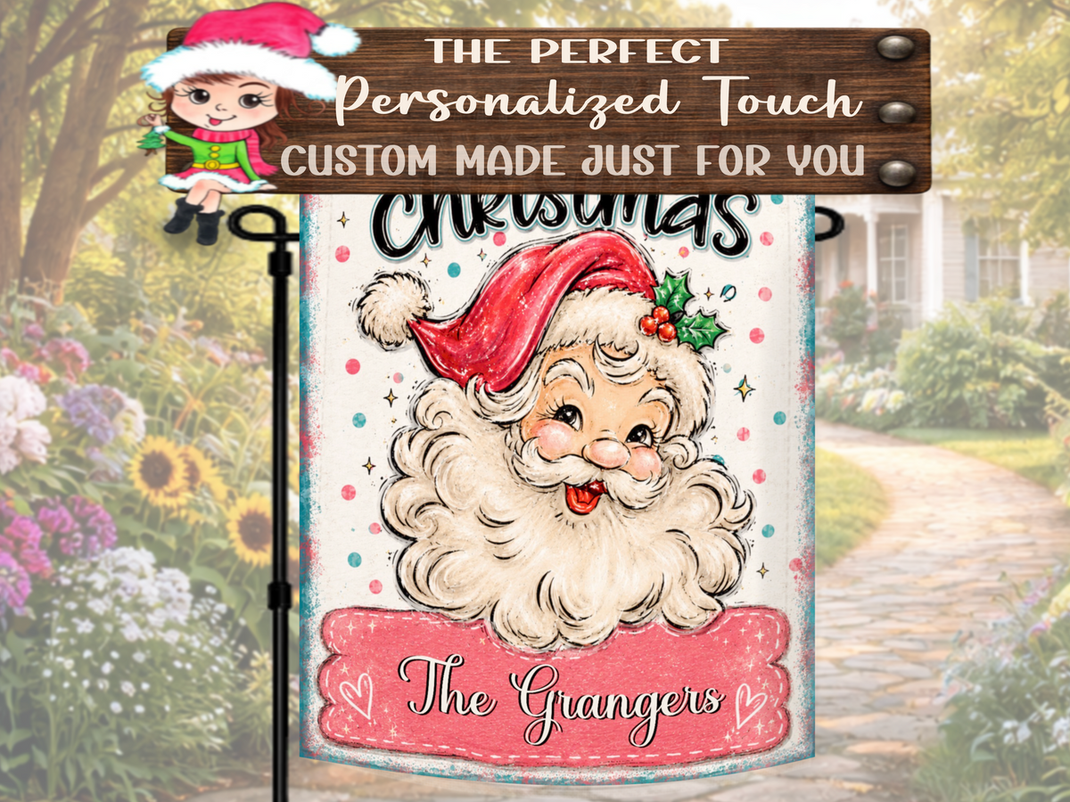 Personalized Pink and Teal Santa Flag