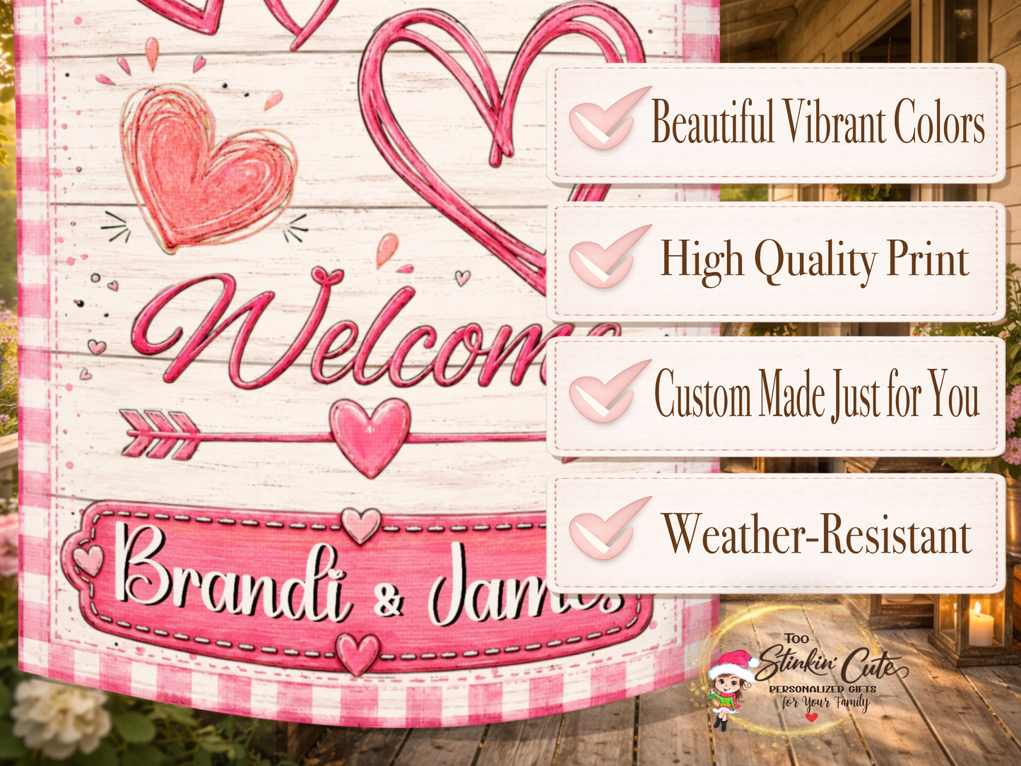 Romantic Valentine porch flag customized with two names