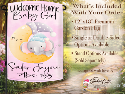 Custom baby girl announcement garden flag with moon and elephant artwork