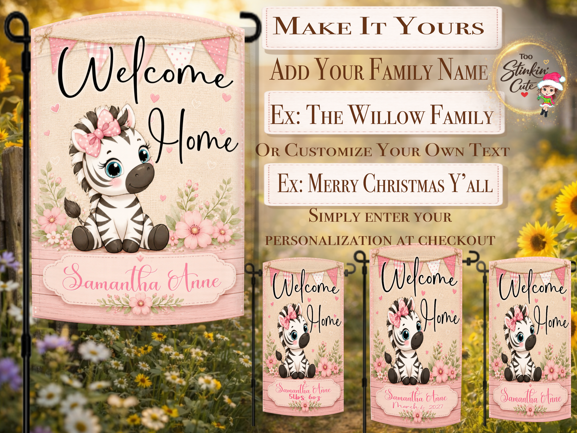 Cute baby zebra garden flag with pink flowers and custom name.