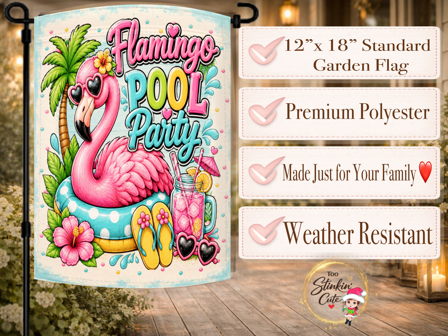 Summer pool party garden flag with flamingo artwork.