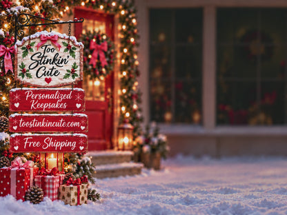 Video showcasing a S’mores Family of 7 Christmas ornament with seven marshmallow characters, chocolate bars, graham crackers, a Santa hat, holly, and a candy cane.