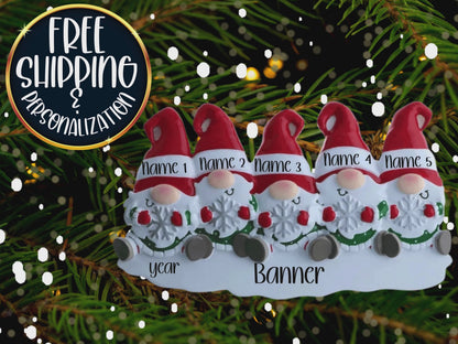 Gnome Family of 5 Personalized Christmas Ornament