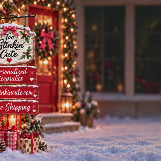 Video showcasing a Santa sleigh Christmas ornament with two reindeer, green name banners, and a red sleigh with gold trim, personalized for a family of two by Too Stinkin’ Cute.